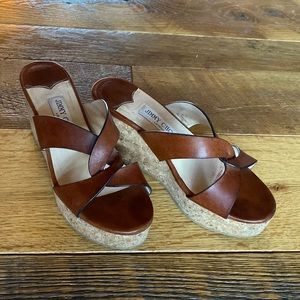 JIMMY CHOO Atia 75 Leather Wedge Sandals light Brown Size 38/8